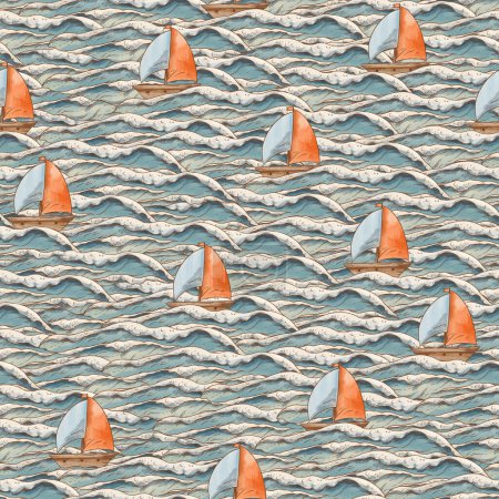 Photo for Cute vintage ocean waves cartoon ship seamless pattern, watercolor whimsical sea texture in neutral colors - Royalty Free Image