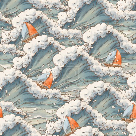 Foto de Lindo vintage océano olas dibujos animados barco patrón sin costuras, acuarela caprichosa textura del mar en colores neutros - Imagen libre de derechos