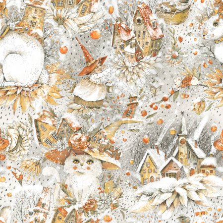 Foto de Cute vintage magic garden seamless pattern, winter Christmas whimsical texture with cats, rabbit,  fairy - Imagen libre de derechos