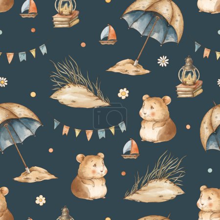 Photo for Cute vintage hamsters on vacation seamless pattern, watercolor whimsical texture in neutral colors - Royalty Free Image