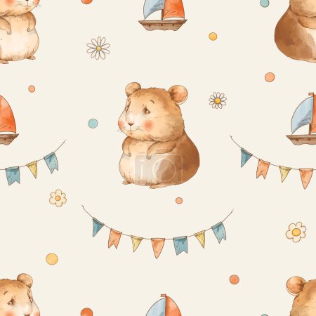 Photo for Cute vintage hamsters on vacation seamless pattern, watercolor whimsical texture in neutral colors - Royalty Free Image