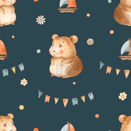 Téléchargez les photos : Cute vintage hamsters on vacation seamless pattern, watercolor whimsical texture in neutral colors - en image libre de droit