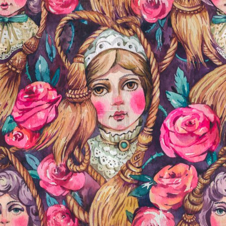 Photo for Watercolor vintage doll faces seamless pattern with flowers and ribbons on black - Royalty Free Image