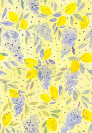 Photo for Abstract watercolor blooming wisteria flowers with lemons on yellow seamless pattern - Royalty Free Image
