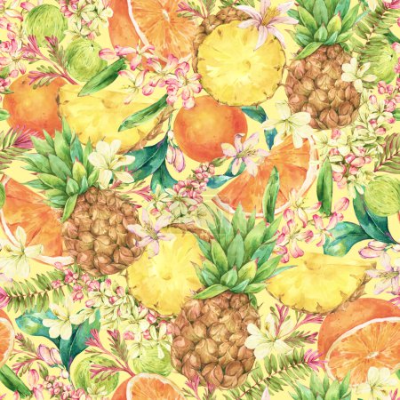 Téléchargez les photos : Aquarelle Vintage Tropical Summer Fruit modèle sans couture, orange et ananas - en image libre de droit
