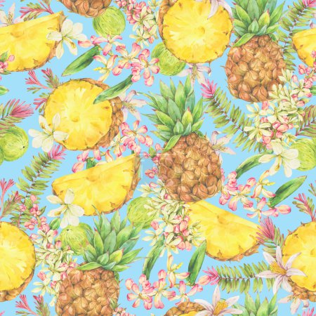 Photo for Watercolor Vintage Tropical Summer Fruit Seamless Pattern, Pineapple - Royalty Free Image