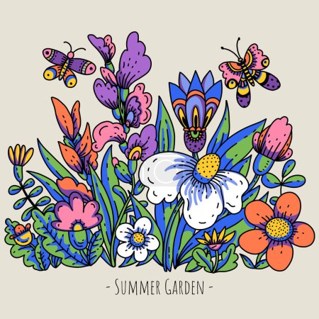 Foto de Dibujos animados flores de verano, audaz tarjeta de felicitación floral floreciente moderna - Imagen libre de derechos
