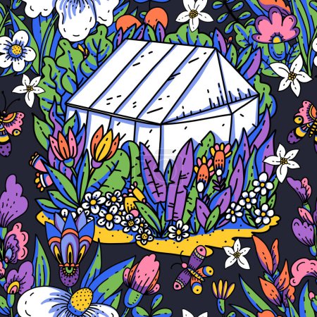 Foto de Verano jardín invernadero patrón sin costuras, dibujos animados audaces flores modernas textura en negro - Imagen libre de derechos