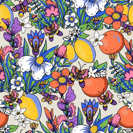 Foto de Dibujos animados flores de verano con el patrón de fruta sin costuras, audaz textura floral floreciente moderna - Imagen libre de derechos