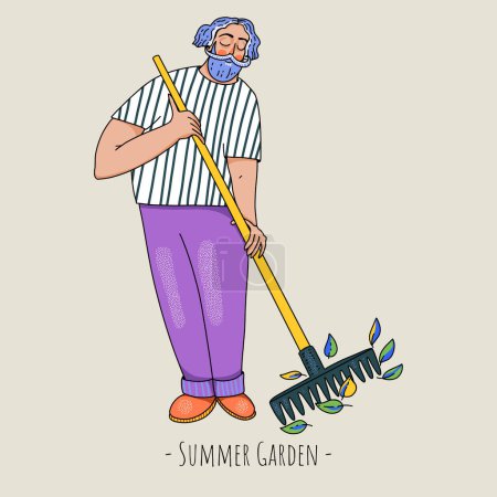 Téléchargez les photos : Jardin d'été gens, caractère de dessin animé moderne audacieux carte de vœux naturelle - en image libre de droit