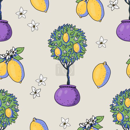 Foto de Jardín de verano limón fruta patrón sin costuras con flores, textura brillante moderna audaz - Imagen libre de derechos