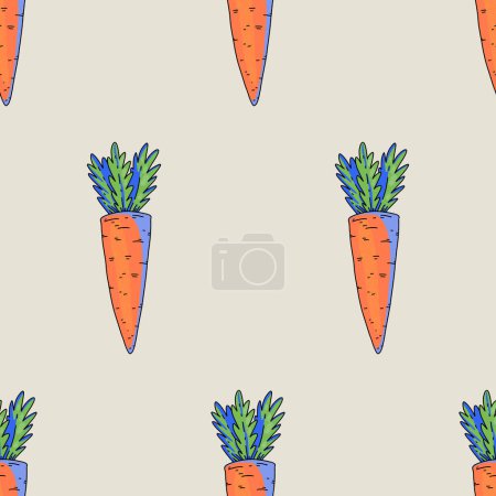Téléchargez les photos : Carotte de jardin d'été, motif sans couture de légumes dessin animé, texture lumineuse moderne audacieuse - en image libre de droit