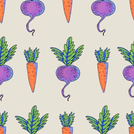 Téléchargez les photos : Jardin d'été carotte, betterave dessin animé légume motif sans couture, texture lumineuse moderne audacieuse - en image libre de droit
