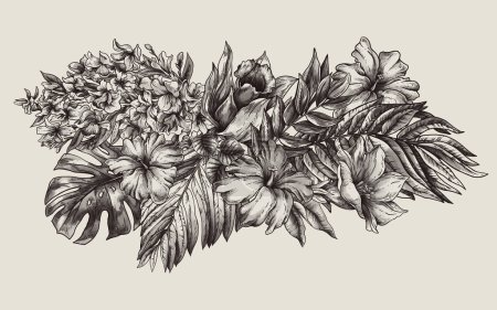 Téléchargez les photos : Carte florale fantaisie tropicale monochrome vintage, feuilles et fleurs, botanique sombre - en image libre de droit