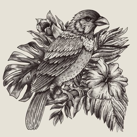 Photo for Vintage monochrome tropical fantasy bird, leaves and flowers, classic invitation natural card - Royalty Free Image