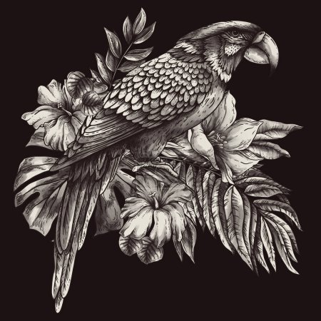 Téléchargez les photos : Vintage monochrome tropical fantaisie oiseau perroquet, feuilles et fleurs, classique invitation carte naturelle - en image libre de droit