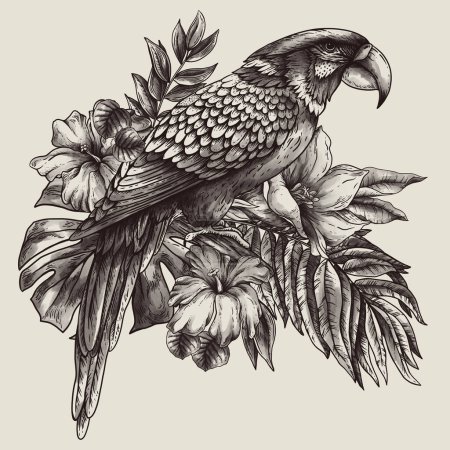 Photo for Vintage monochrome tropical fantasy bird parrot, leaves and flowers, classic invitation natural card - Royalty Free Image