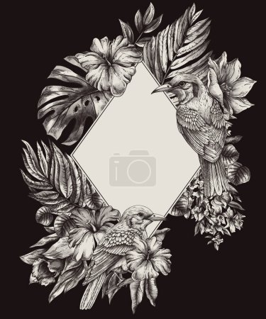 Téléchargez les photos : Vintage monochrome tropical fantaisie oiseau, feuilles et fleurs, classique invitation carte naturelle - en image libre de droit