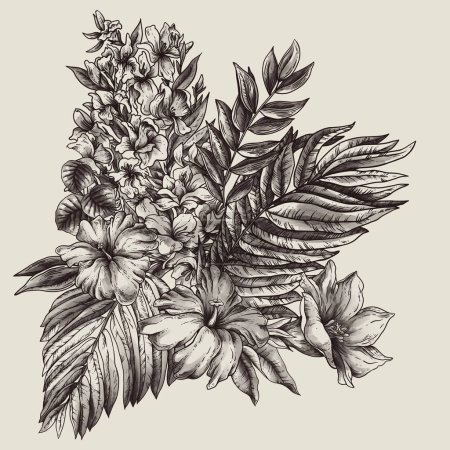 Téléchargez les photos : Carte florale fantaisie tropicale monochrome vintage, feuilles et fleurs, botanique sombre - en image libre de droit