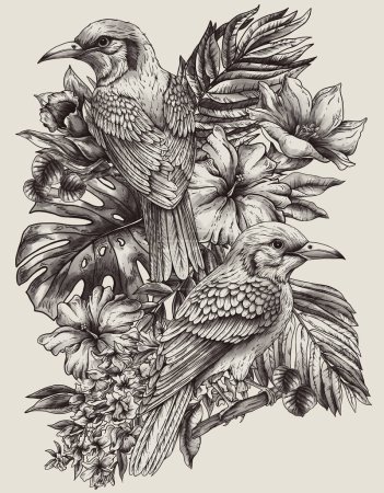 Vintage monochrome tropical fantasy bird, leaves and flowers, classic invitation natural card