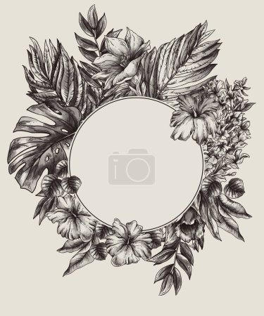 Photo for Vintage monochrome tropical fantasy floral card, leaves and flowers, dark botanica - Royalty Free Image