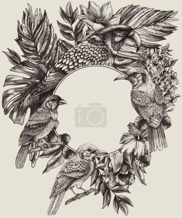 Téléchargez les photos : Vintage monochrome tropical fantaisie oiseau, feuilles et fleurs, classique invitation carte naturelle - en image libre de droit