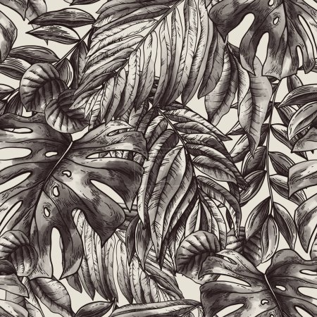 Photo for Vintage monochrome tropical fantasy floral seamless pattern,  exotic leaves on beige - Royalty Free Image