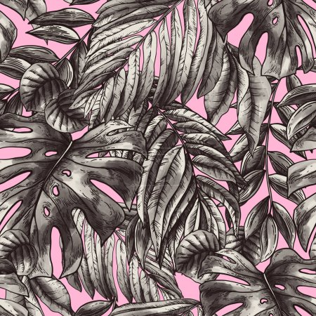 Photo for Vintage monochrome tropical fantasy floral seamless pattern, exotic leaves on pink - Royalty Free Image