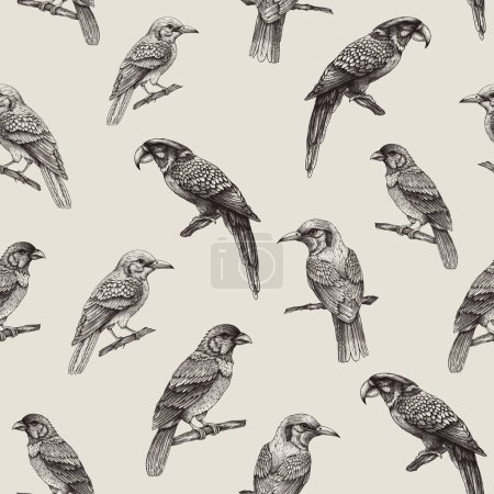 Photo for Vintage monochrome seamless pattern with tropical fantasy bird, hand drawn wallpaper on beige - Royalty Free Image