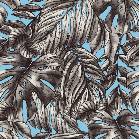 Téléchargez les photos : Vintage monochrome fantaisie tropicale motif floral sans couture, feuilles exotiques sur bleu - en image libre de droit