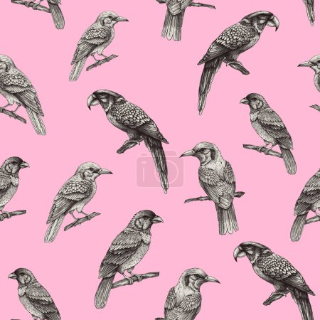 Vintage monochrome seamless pattern with tropical fantasy bird, hand drawn wallpaper on pink