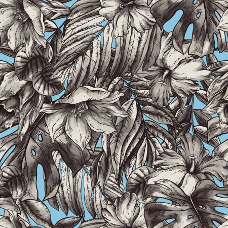 Foto de Vintage monocromo tropical fantasía floral patrón sin costuras, hojas y flores en azul - Imagen libre de derechos