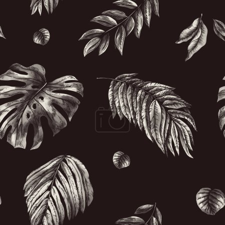 Téléchargez les photos : Vintage monochrome tropical fantaisie motif floral sans couture, feuilles exotiques sur noir - en image libre de droit