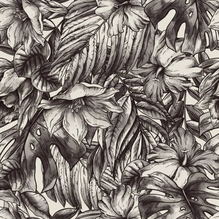 Téléchargez les photos : Vintage monochrome tropical fantaisie floral motif sans couture, feuilles et fleurs sur beige - en image libre de droit