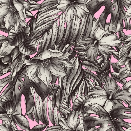 Photo for Vintage monochrome tropical fantasy floral seamless pattern, leaves and flowers on pink - Royalty Free Image