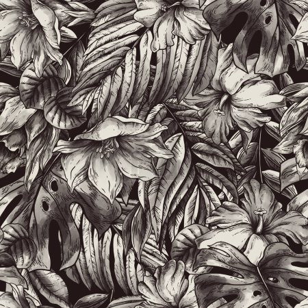 Foto de Vintage monocromo tropical fantasía floral patrón sin costuras, hojas y flores en negro - Imagen libre de derechos
