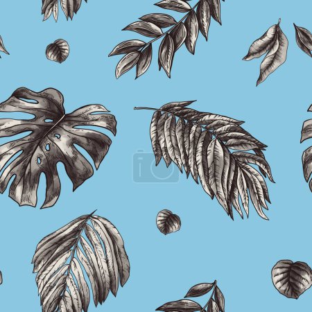 Téléchargez les photos : Vintage monochrome fantaisie tropicale motif floral sans couture, feuilles exotiques sur bleu - en image libre de droit