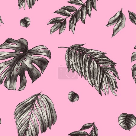 Téléchargez les photos : Vintage monochrome tropical fantaisie motif floral sans couture, feuilles exotiques sur rose - en image libre de droit