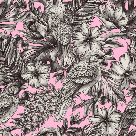 Foto de Vintage patrón inconsútil tropical monocromo con aves de fantasía, hojas y flores, fondo de pantalla natural clásico - Imagen libre de derechos