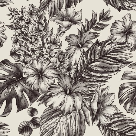 Téléchargez les photos : Vintage monochrome tropical fantaisie floral motif sans couture, feuilles et fleurs sur beige - en image libre de droit