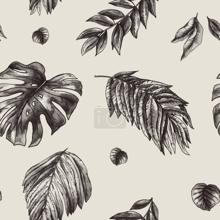 Photo for Vintage monochrome tropical fantasy floral seamless pattern, exotic leaves on beige - Royalty Free Image