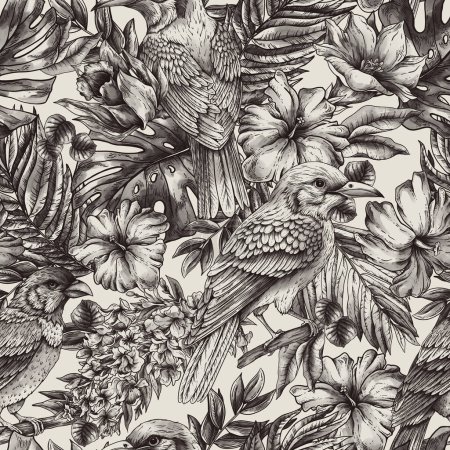 Vintage patrón inconsútil tropical monocromo con aves de fantasía, hojas y flores, fondo de pantalla natural clásico
