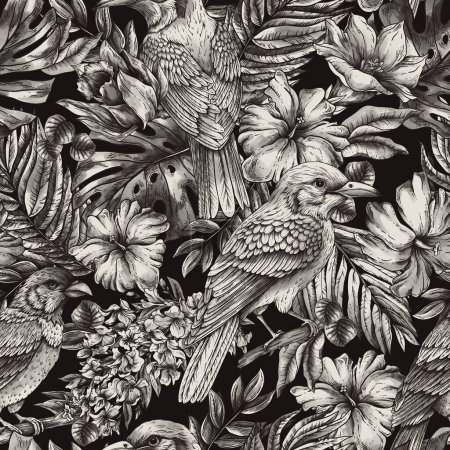 Téléchargez les photos : Vintage monochrome motif tropical sans couture avec oiseau fantaisie, feuilles et fleurs, papier peint naturel classique - en image libre de droit