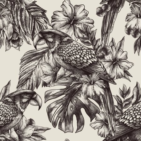 Foto de Patrón inconsútil de loro monocromo vintage, aves tropicales, hojas y flores de fondo, textura natural clásica - Imagen libre de derechos