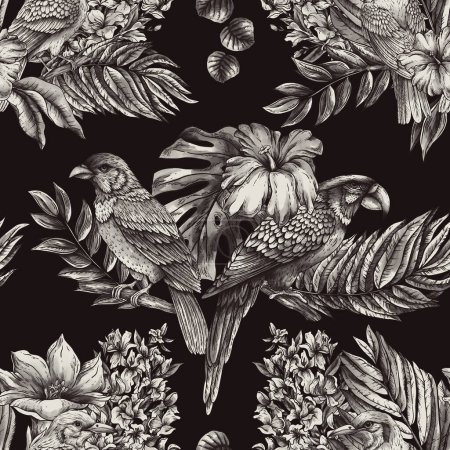 Téléchargez les photos : Vintage monochrome motif tropical sans couture avec oiseau fantaisie, feuilles et fleurs, papier peint naturel classique - en image libre de droit