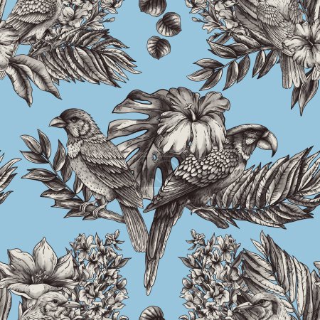 Photo for Vintage monochrome tropical seamless pattern with fantasy bird, leaves and flowers, classic natural wallpaper - Royalty Free Image