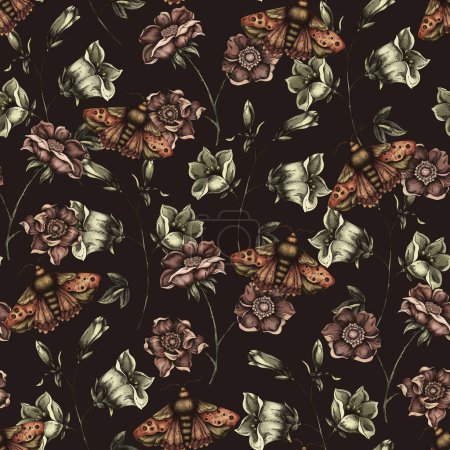 Patrón floral vintage sin costuras. Flores oscuras florecientes, flores silvestres victorianas con polilla