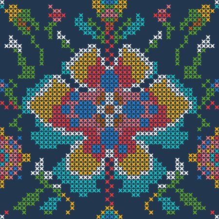 Ilustración de Floral Vintage Cross Stitch Tribal patrón sin costuras en azul marino - Imagen libre de derechos