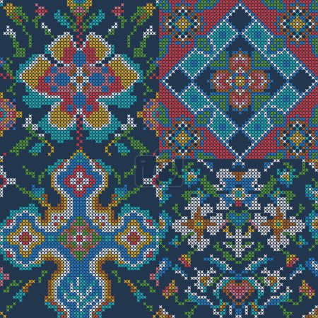 Ilustración de Floral Vintage Cross Stitch Tribal patrón sin costuras en azul marino - Imagen libre de derechos