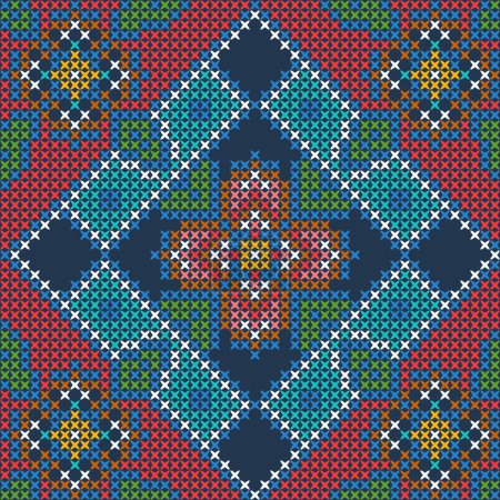 Illustration for Floral Vintage Cross Stitch Tribal Seamless Pattern on Navy Blue - Royalty Free Image